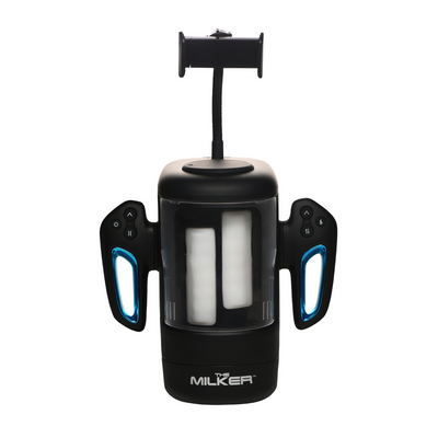 Cyber Milker - Masturbador con acariciador y vibrador con soporte para teléfono - Transparente/Negro