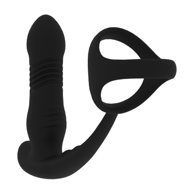 Masajeador de próstata de silicona vibrante y de empuje con anillo para el pene Tri O - Negro